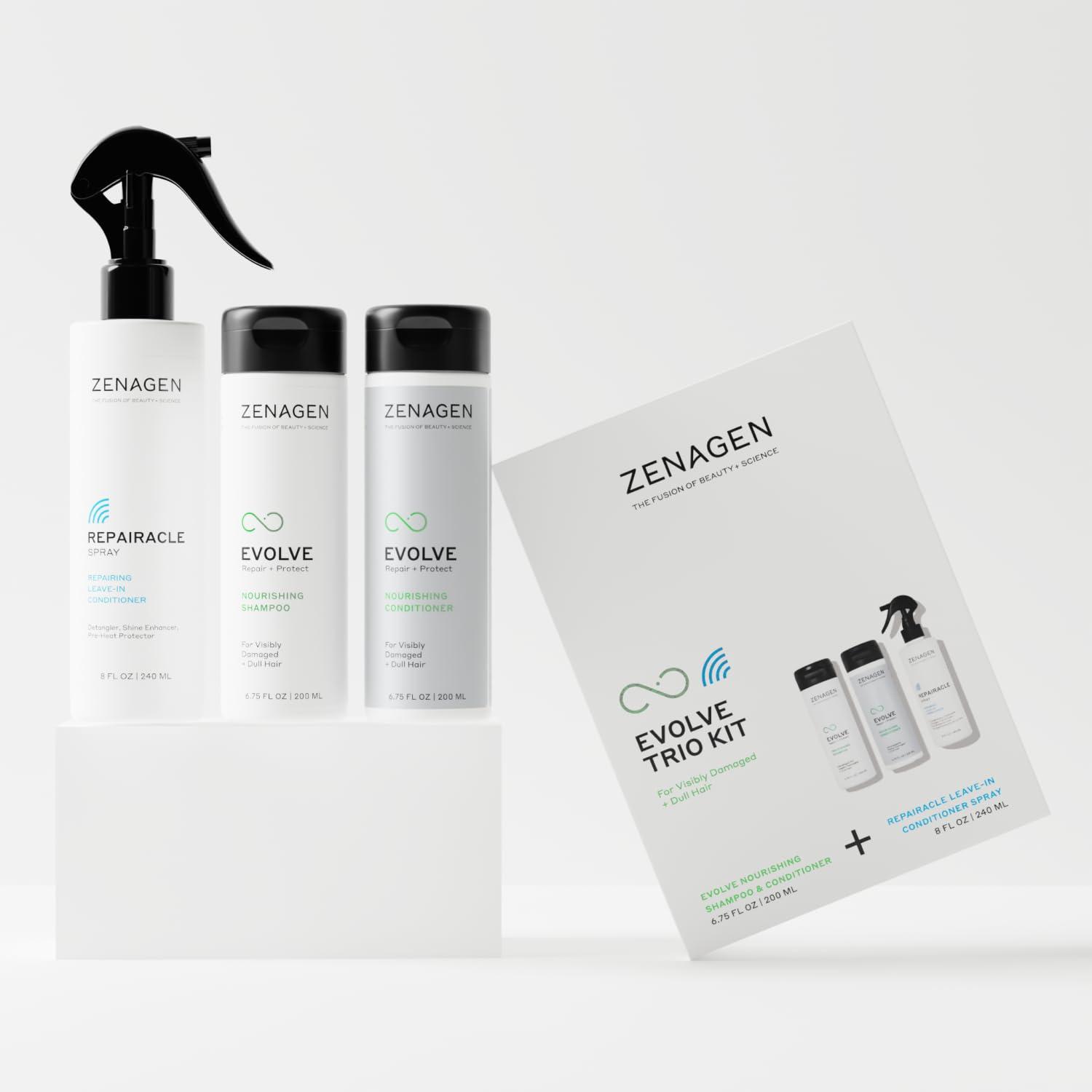 imageZENAGEN Evolve Trio Kit for Visibly Damaged Dull Hair Nourishing Shampoo Conditioner LeaveIn Conditioner Restores Shine Strength amp Vitality PlantBased Vegan All Hair Types 1 ea