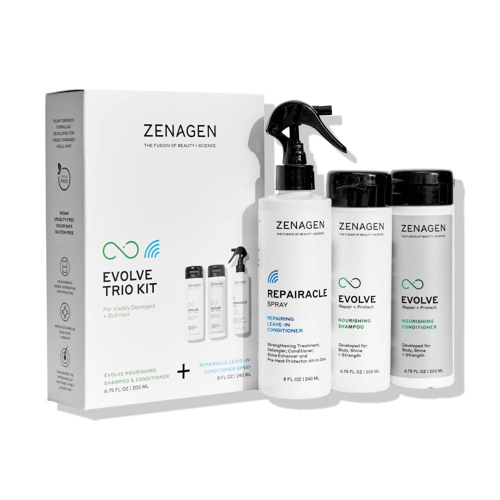 imageZENAGEN Evolve Trio Kit for Visibly Damaged Dull Hair Nourishing Shampoo Conditioner LeaveIn Conditioner Restores Shine Strength amp Vitality PlantBased Vegan All Hair Types 1 ea