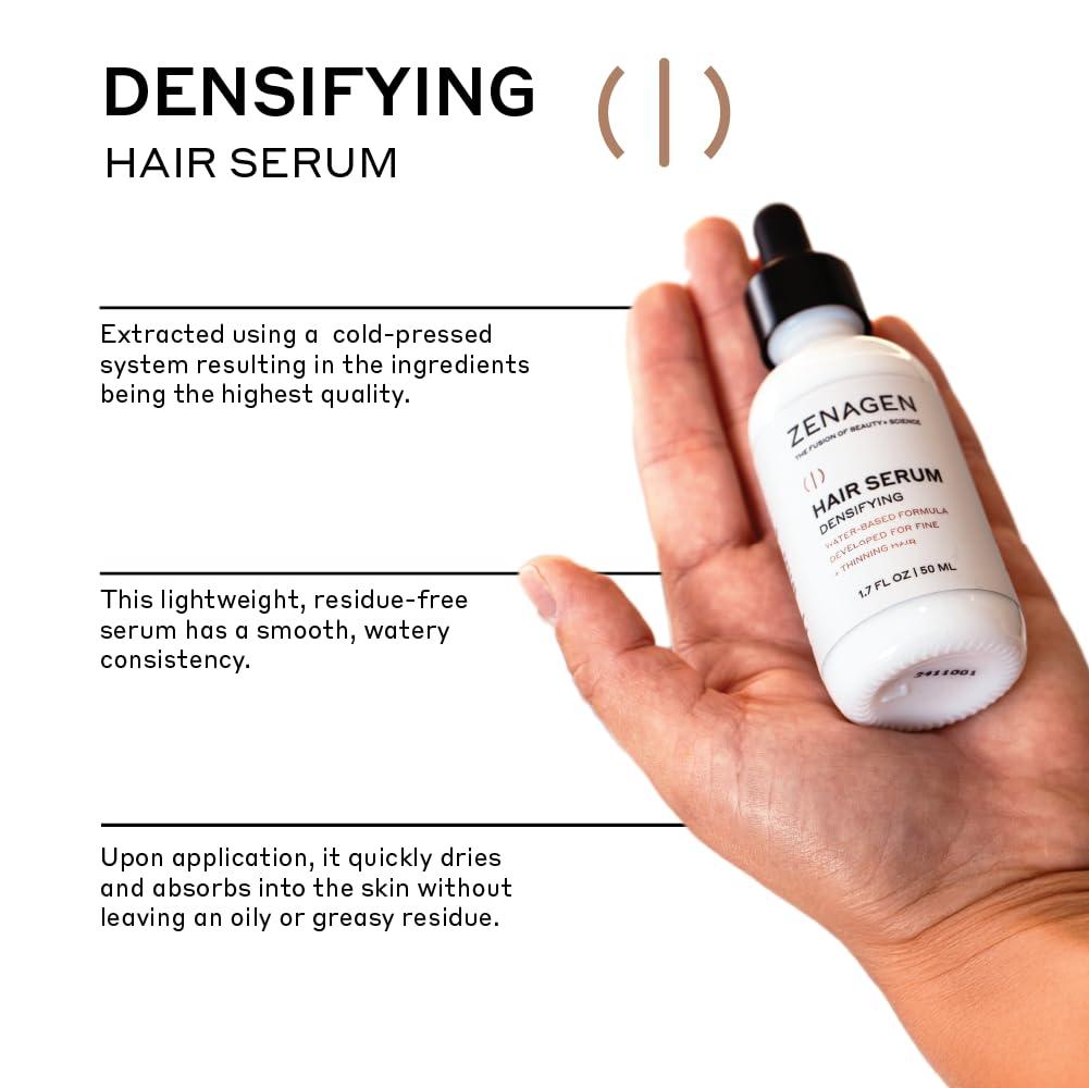 imageZENAGEN Densifying Hair Serum for Fine Thinning Hair Boosts Hair Density Strengthens amp Nourishes Hair Follicles NonGreasy WaterBased Formula PlantBased Vegan All Hair Types34 Fl Oz Pack of 1