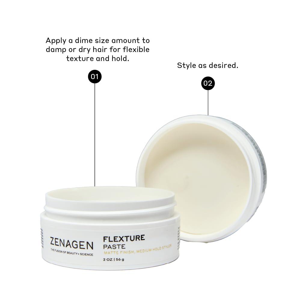 imageZENAGEN Flexture Paste Matte Finish Medium Hold Styler Microfiber Formula with Geranium Extract Aloe Leaf Juice Vegan PlantBased All Hair Types 2 oz